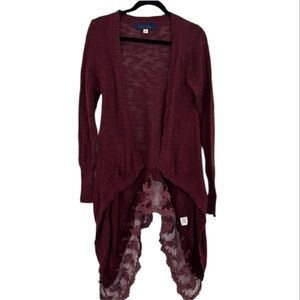 Blue Rain Women's Burgundy Cardigan Sweater with Lace Detail Size large